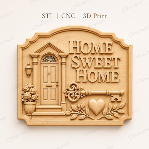 CNC & impression 3D relief Home Sweet Home avec porte et clé, fichier décor maison pour gravure bois, STL de haute qualité
