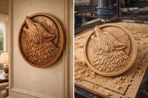 Fichier CNC loup hurlant à la lune – bas-relief faune sauvage pour sculpture bois, décoration murale rustique STL