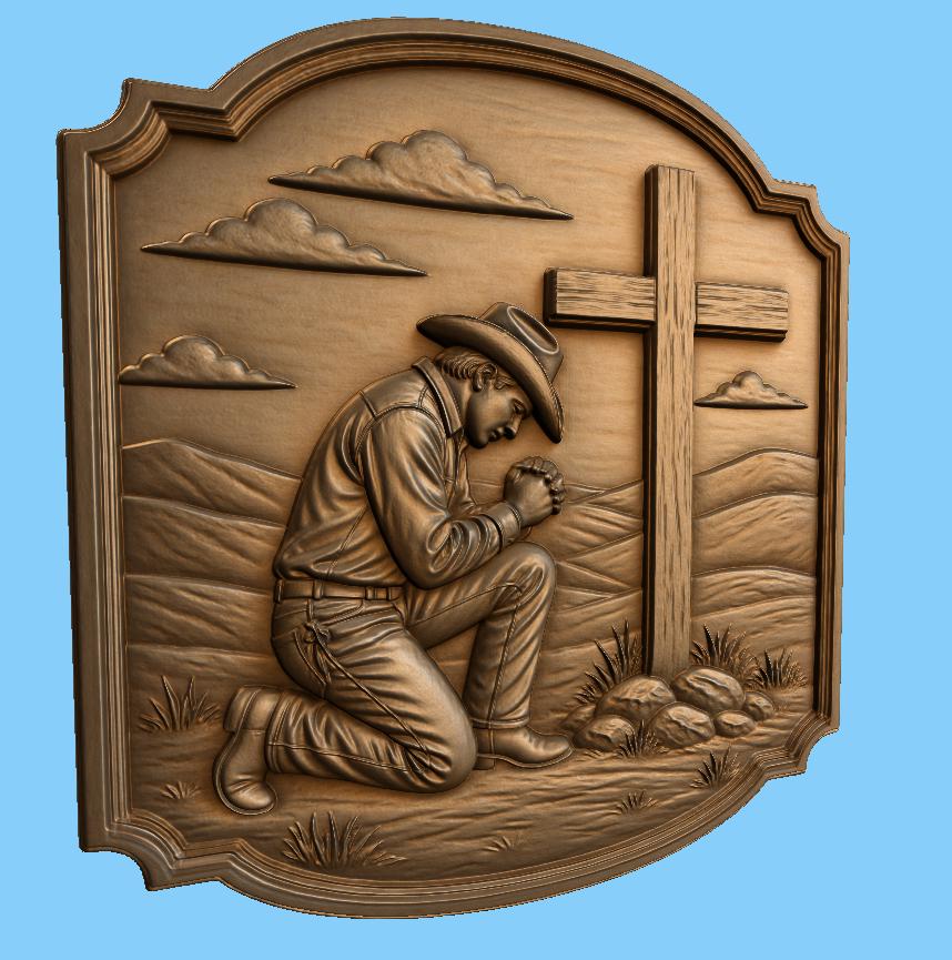 CNC & impression 3D relief cowboy priant devant la croix, décor western chrétien, fichier STL très haute qualité