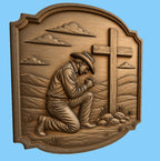 CNC & impression 3D relief cowboy priant devant la croix, décor western chrétien, fichier STL très haute qualité