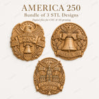 CNC- & 3D-Druckdatei Amerika 250 Bundle, 3 patriotische STL-Reliefs, USA Jubiläum 1776 2026