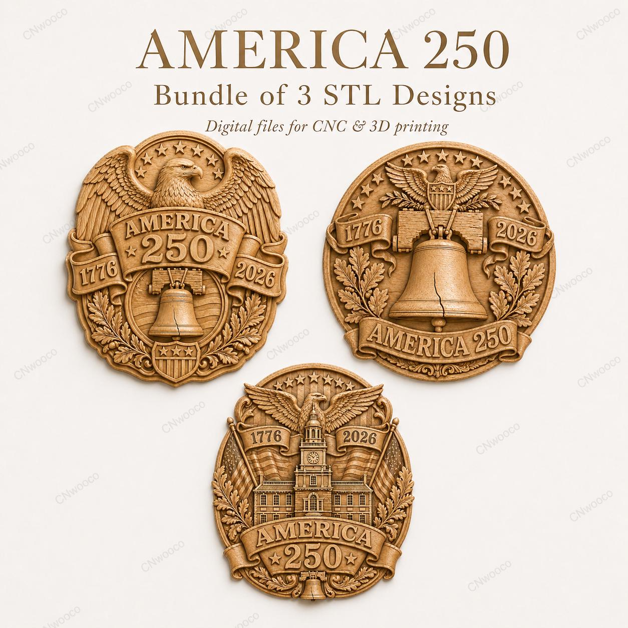 CNC- & 3D-Druckdatei Amerika 250 Bundle, 3 patriotische STL-Reliefs, USA Jubiläum 1776 2026