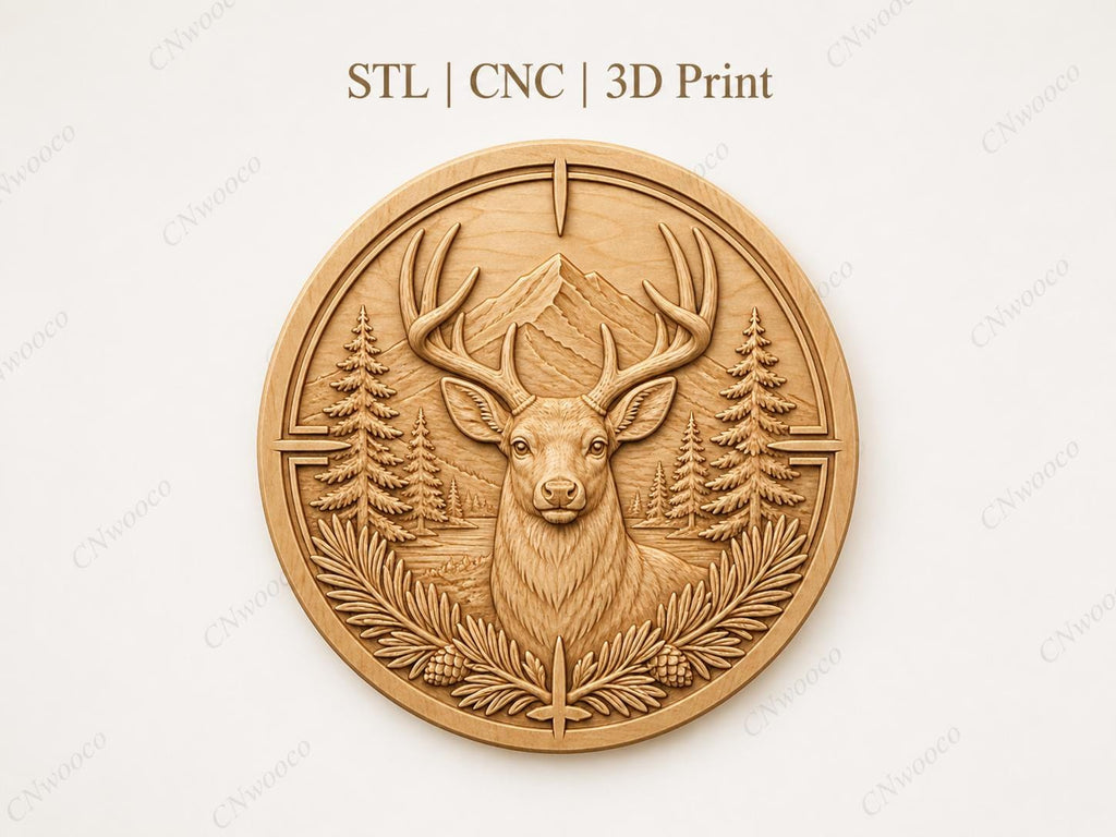 CNC & impression 3D cerf en forêt, relief chasse et nature STL haute qualité pour sculpture bois et décoration lodge