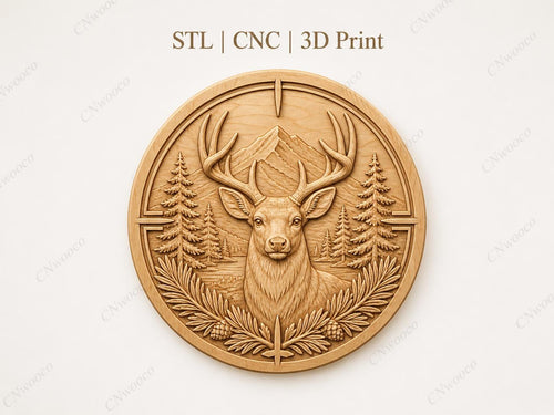 CNC & impression 3D cerf en forêt, relief chasse et nature STL haute qualité pour sculpture bois et décoration lodge