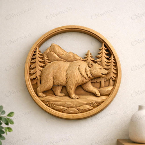 Fichier CNC ours montagne rond, bas-relief bois wildlife, décoration murale nature, sculpture bois, modèle gravure 3D STL