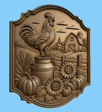 CNC & impression 3D relief coq de ferme avec grange et tournesols, fichier STL très haute qualité