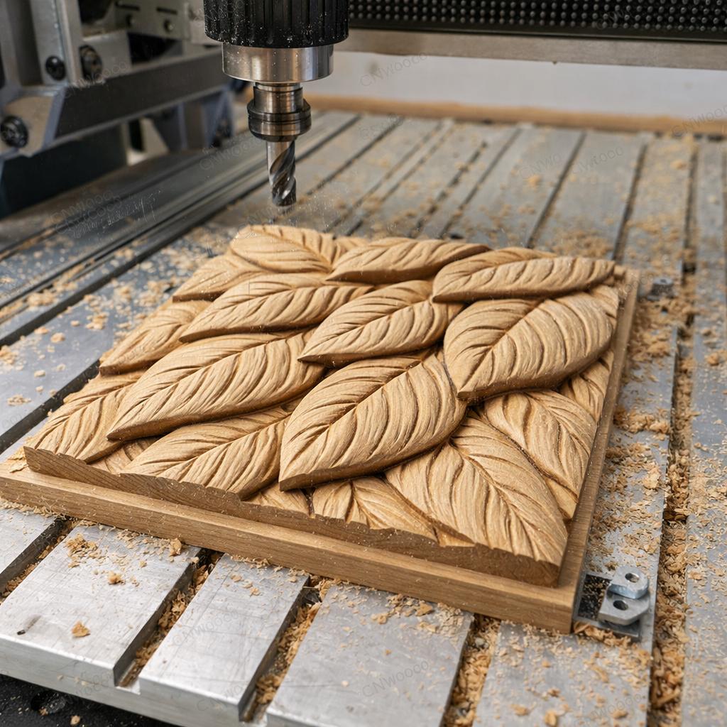 Fichier CNC texture bois motif feuilles – bas-relief organique seamless pour sculpture bois, panneau décoratif mural STL