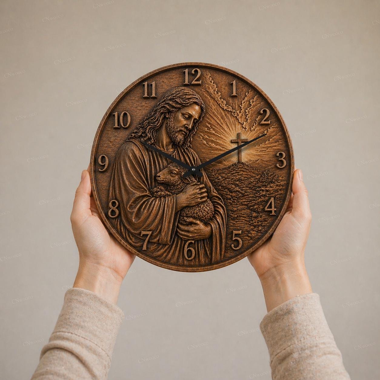 Fichier CNC horloge chrétienne – bas-relief religieux pour sculpture bois, décoration murale STL