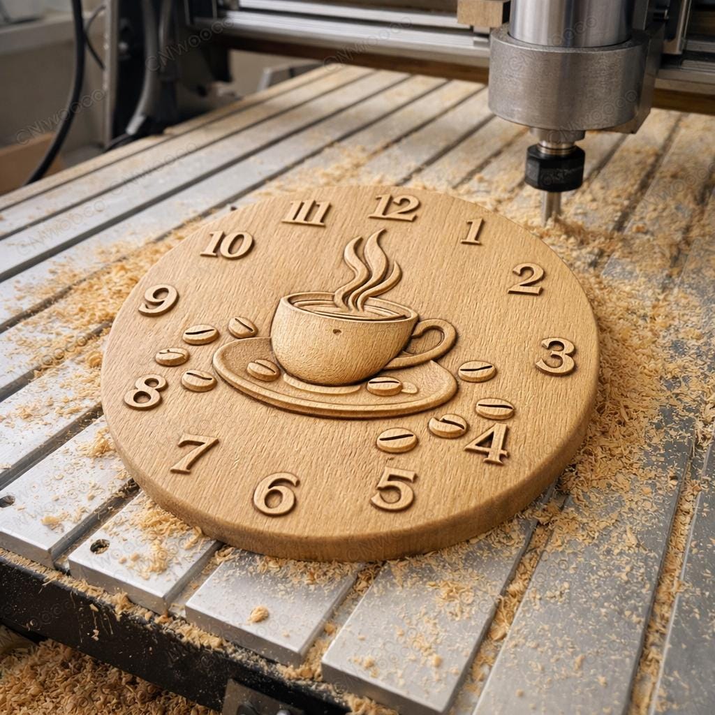 CNC-Datei Uhr Kaffee – Kaffeetasse-Relief für Holzskulptur, Wanddekoration Coffee Shop STL