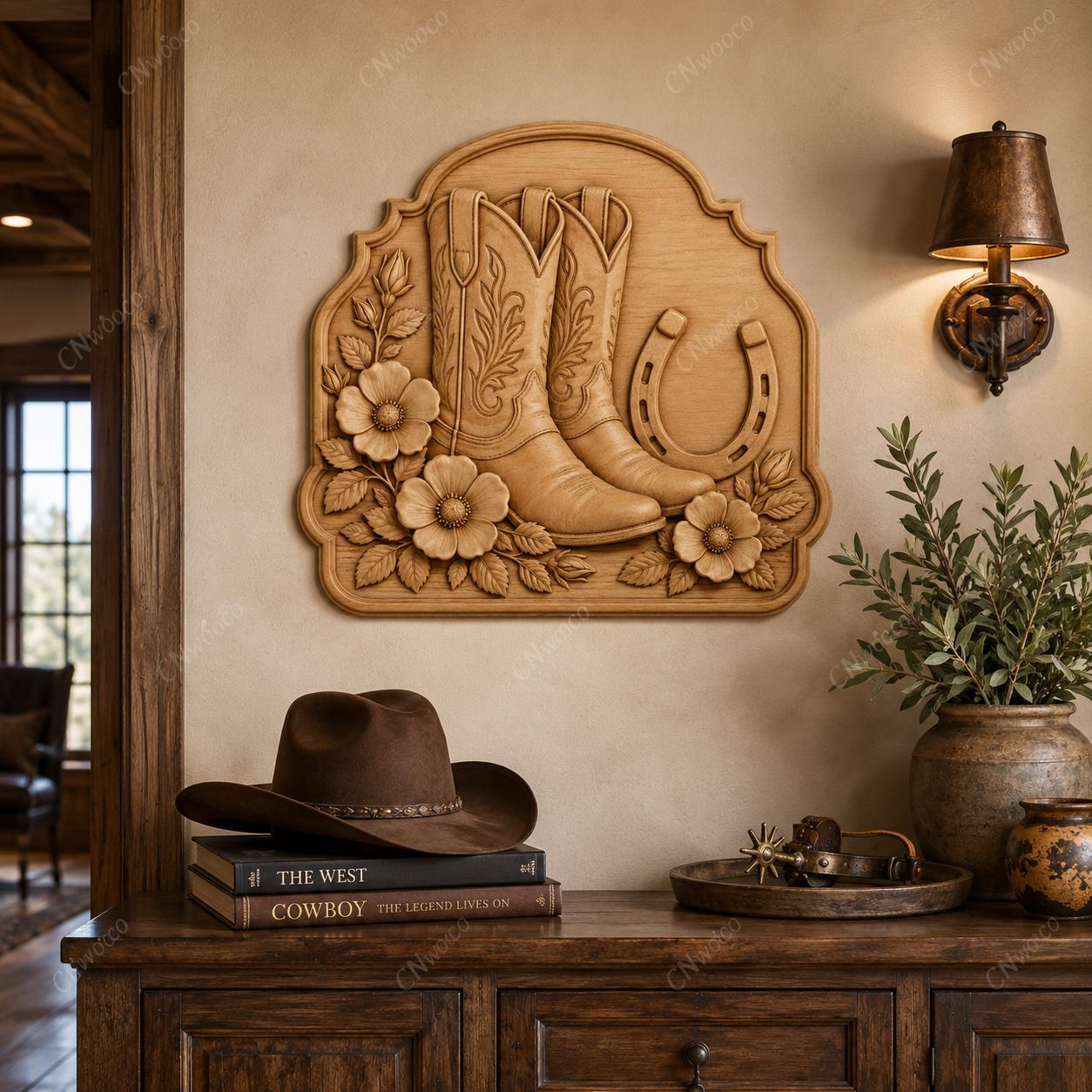 CNC & impression 3D relief bottes cowboy et fer à cheval, fichier western bois, STL de haute qualité, à personnaliser