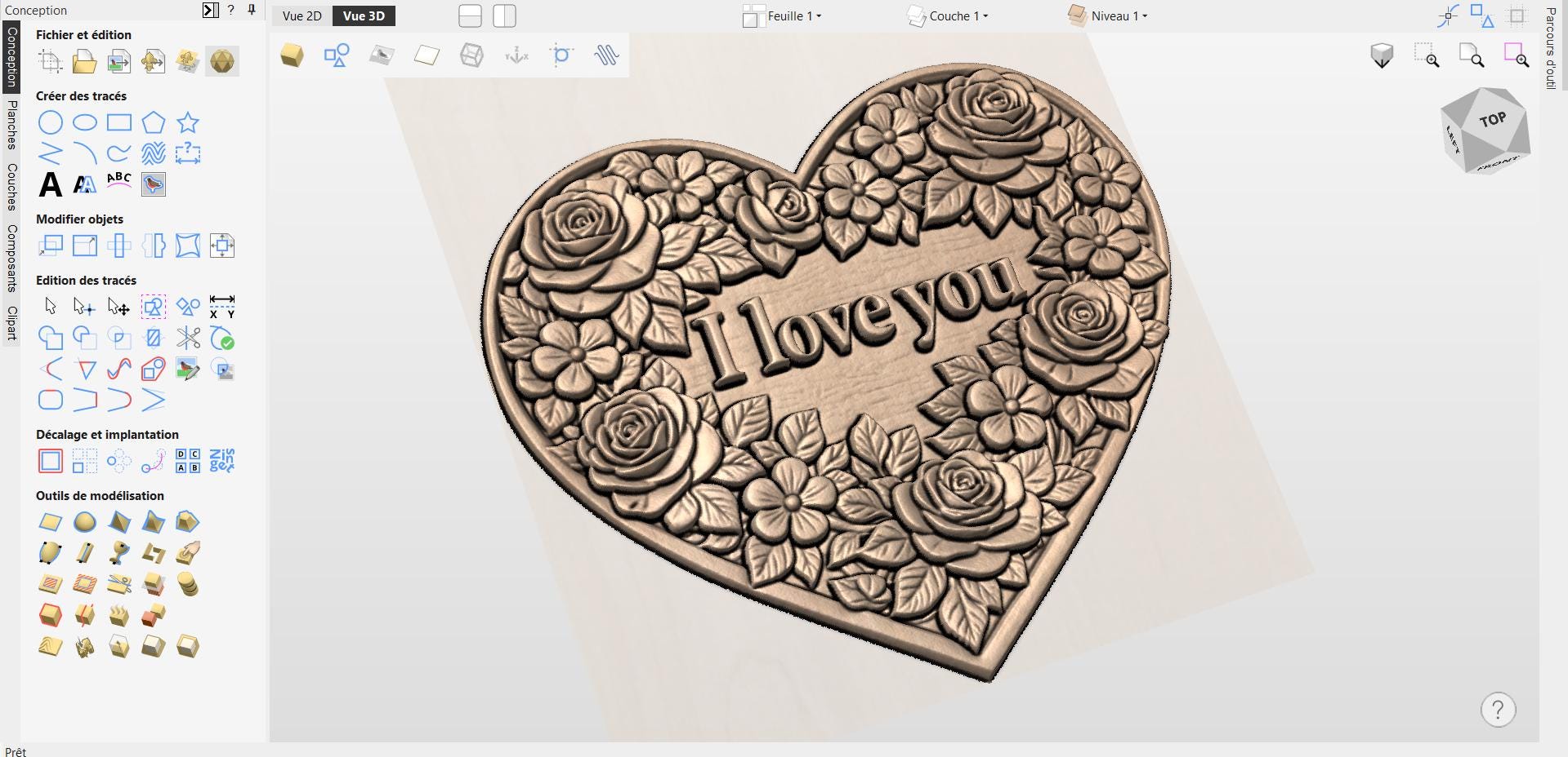 Fichier CNC & impression 3D cœur "I Love You" floral – bas-relief romantique pour sculpture bois, décoration murale STL
