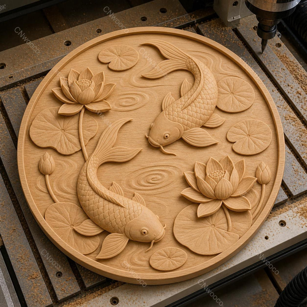 CNC & impression 3D relief poissons koi avec lotus et nénuphars, fichier STL très haute qualité
