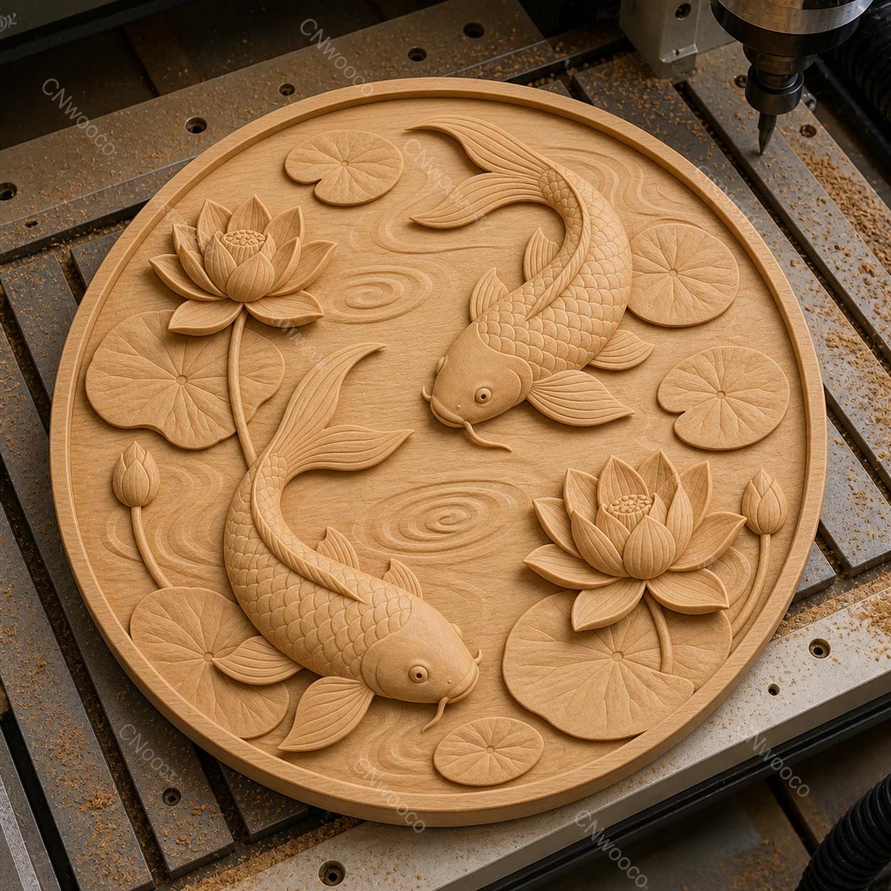 CNC & impression 3D relief poissons koi avec lotus et nénuphars, fichier STL très haute qualité