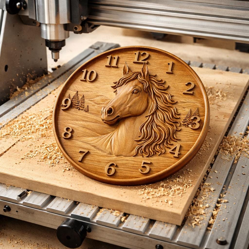 CNC-Datei Uhr Pferd – Holz-Flachrelief für CNC-Schnitzerei, rustikale Wanddekoration STL