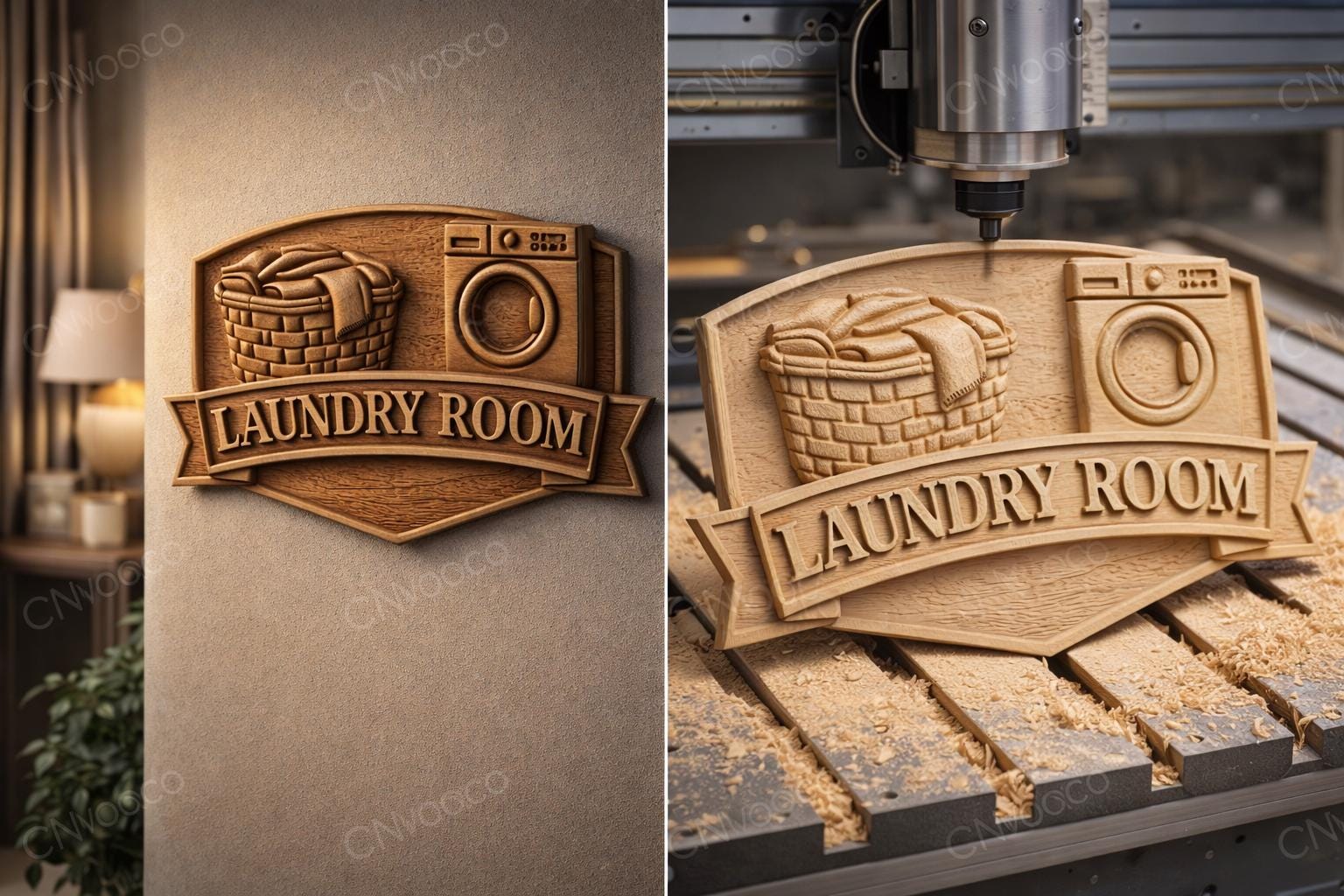 CNC-Datei Wäscheschild, Holz-Basrelief Wäschezimmertür, Wanddekoration, Textschild, 3D-Gravurvorlage STL