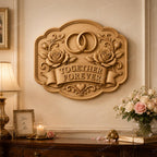 CNC & impression 3D relief mariage Together Forever avec alliances et roses, fichier pour gravure bois, STL de haute qualité