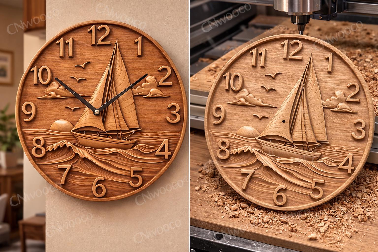 Fichier CNC horloge voilier nautique, bas-relief bois bateau océan, décoration murale marine, sculpture horloge, modèle gravure 3D STL