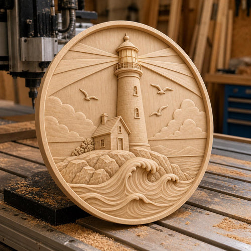 CNC & impression 3D relief phare bord de mer avec vagues, décoration nautique, fichier STL très haute qualité