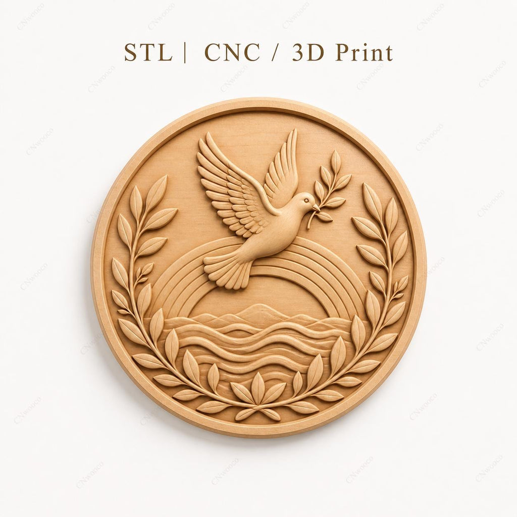 CNC & impression 3D relief colombe de paix avec branche d’olivier, fichier STL très haute qualité