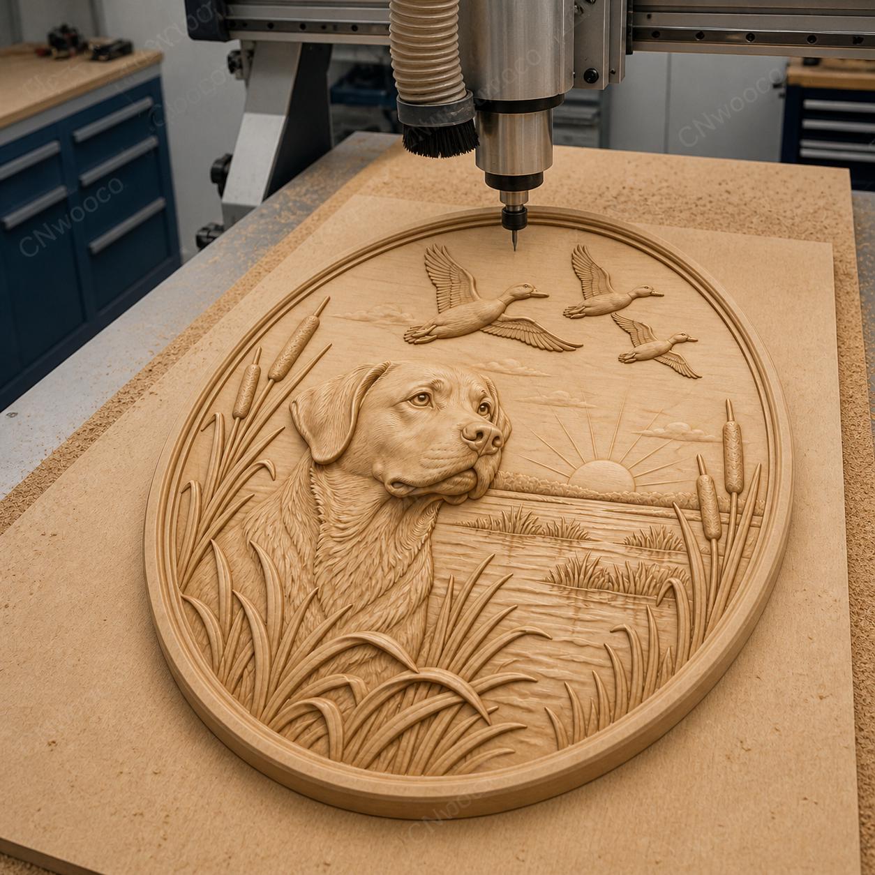 CNC & impression 3D chien de chasse avec canards, STL haute qualité pour sculpture bois hunting dog