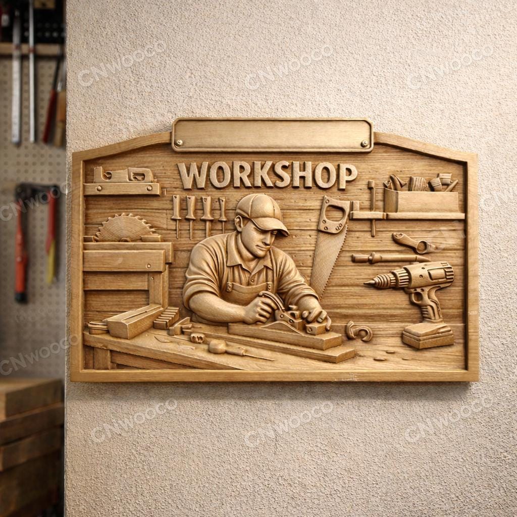 Fichier CNC panneau atelier personnalisé avec nom – bas-relief menuiserie pour sculpture bois, décoration murale STL
