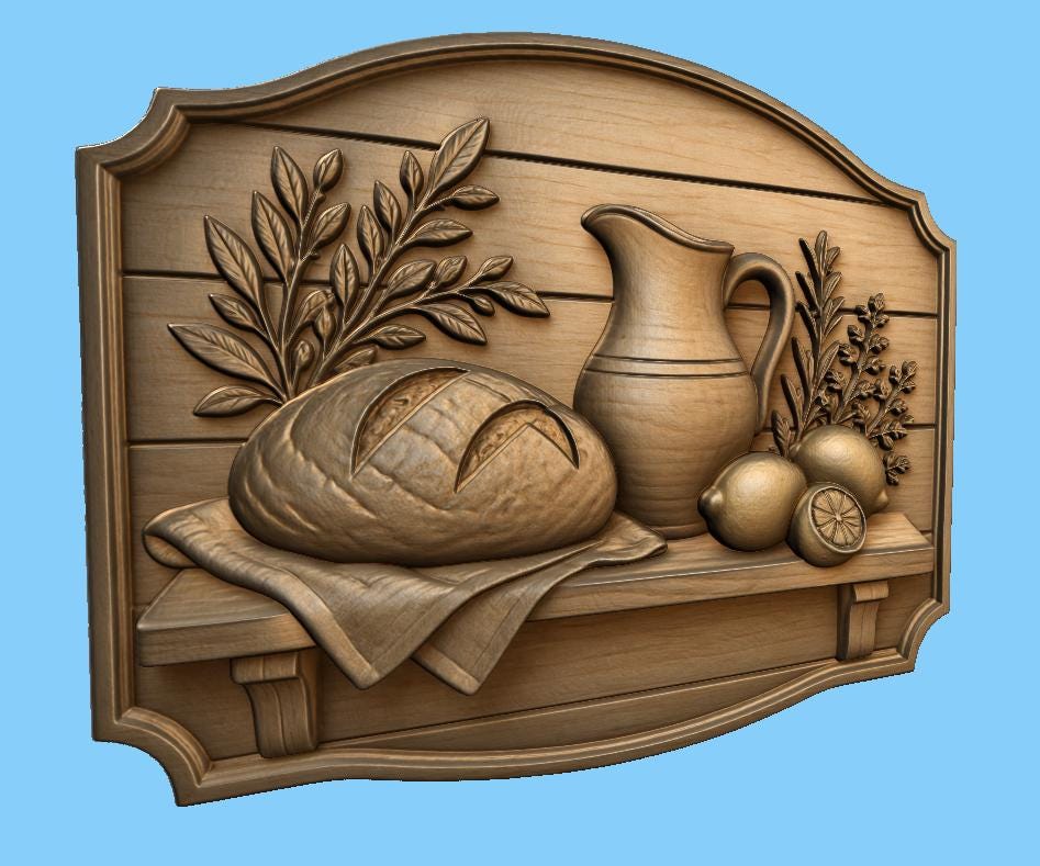 CNC & 3D-Druck Relief rustikale Küche mit Brot und Krug, STL-Datei sehr hohe Qualität