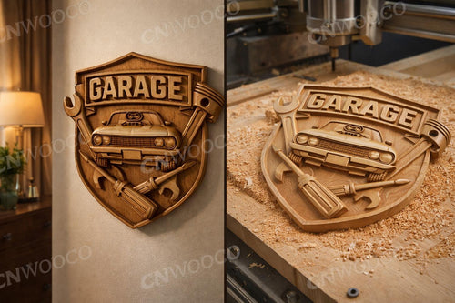 CNC Garage Wall Art – Classic Muscle Car Relief – Mechanic Workshop Decor – Wooden Shield Design – Tool Garage Sign