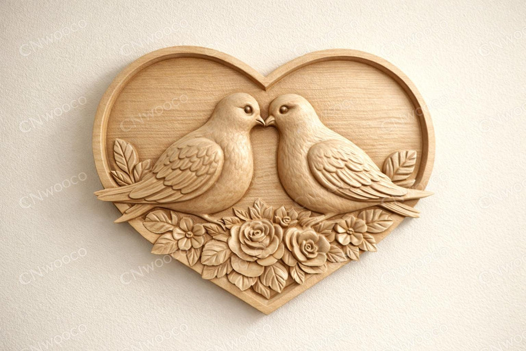 Fichier CNC cœur oiseaux amoureux – bas-relief couple romantique pour sculpture bois, décoration mariage et anniversaire STL