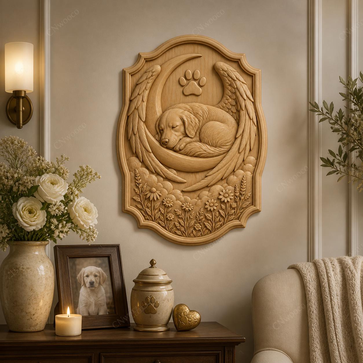 CNC & 3D-Druck Relief schlafender Hund mit Mond und Flügeln, Tiergedenkstück, STL-Datei sehr hohe Qualität