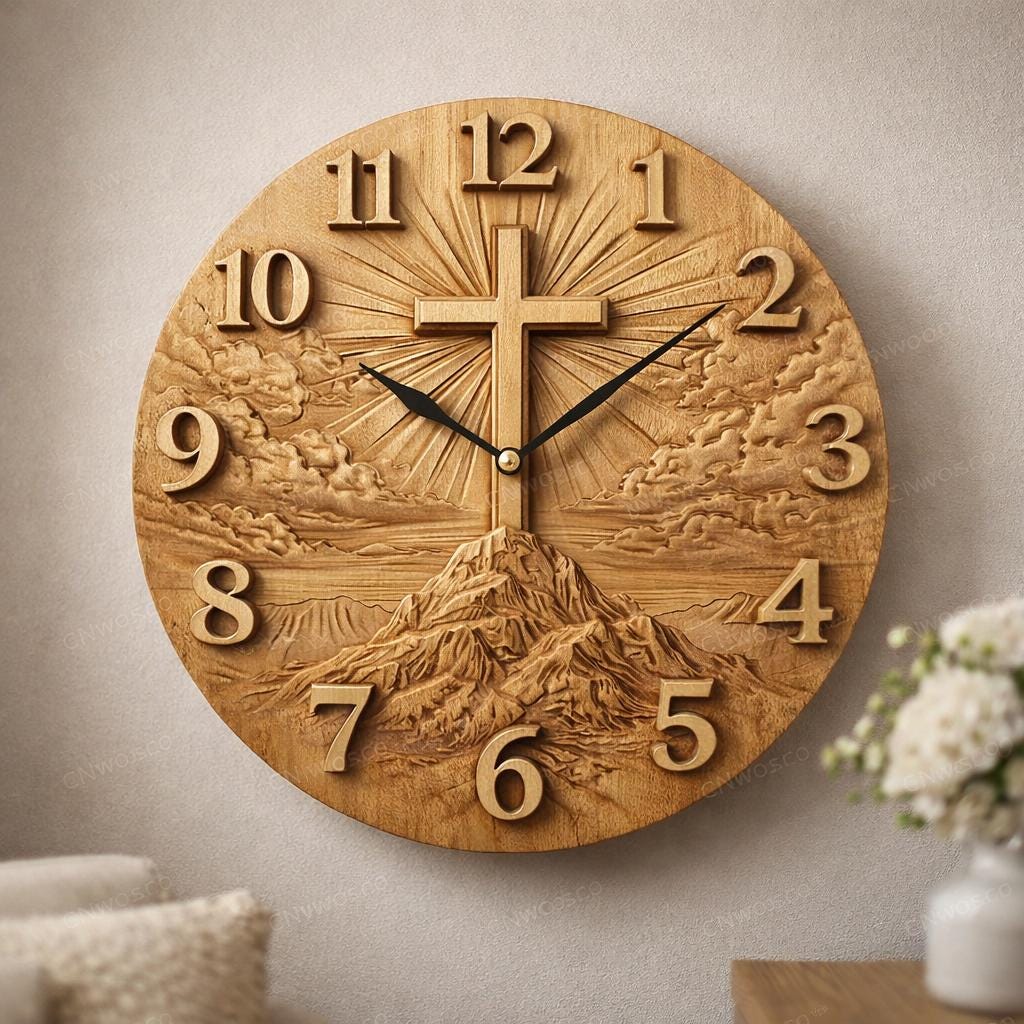 Fichier CNC horloge croix chrétienne – bas-relief religieux pour sculpture bois, décoration murale église STL