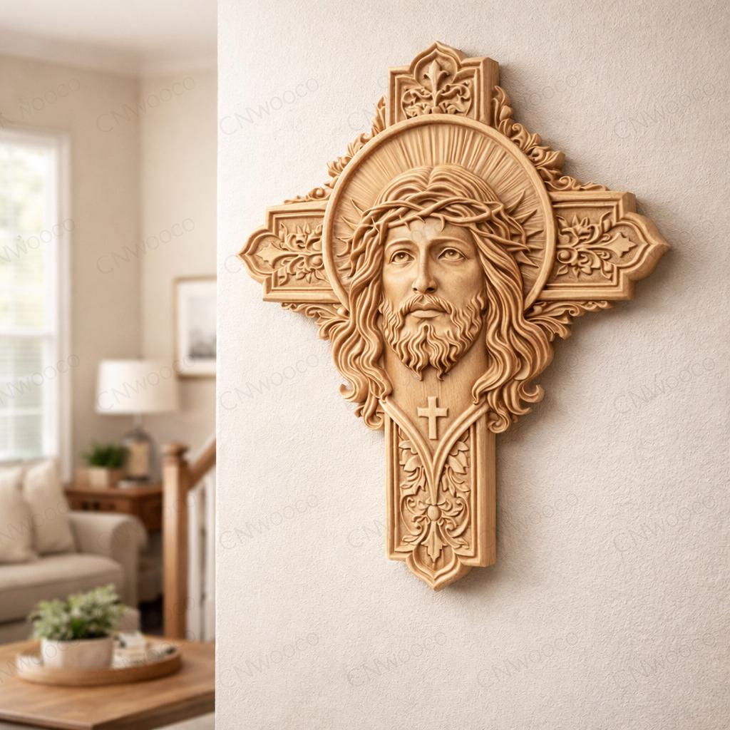 Fichier CNC croix Jésus – bas-relief chrétien pour sculpture bois, décoration murale religieuse STL