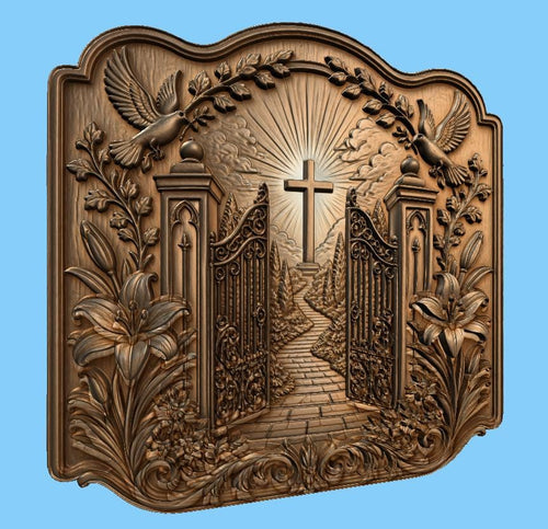 CNC & impression 3D relief portes du paradis avec croix et colombes, fichier STL très haute qualité