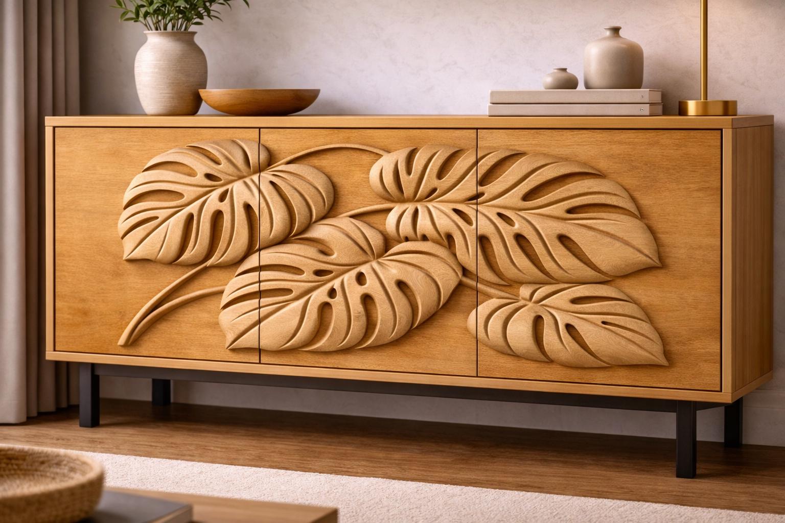 Fichier CNC panneau texture bois florale – bas-relief motif nature pour sculpture bois, design façade meuble et décoration murale STL