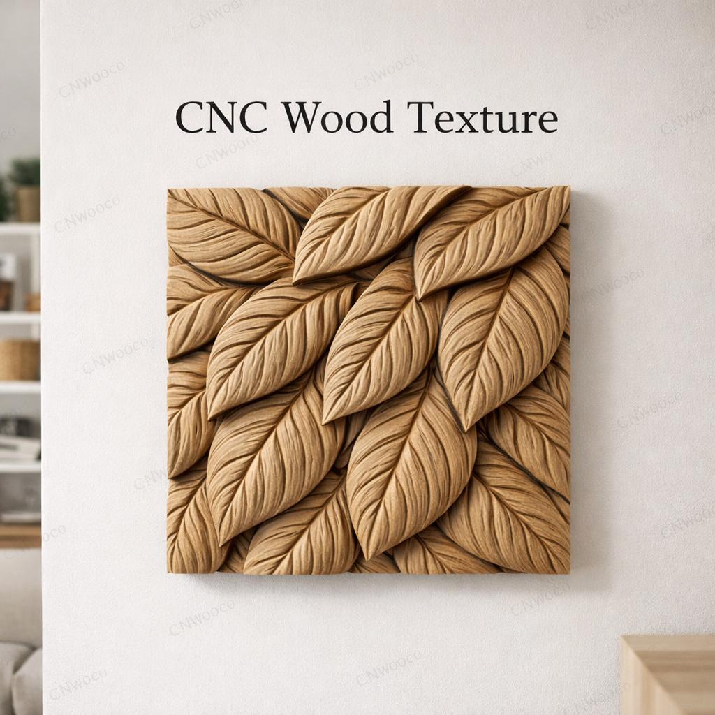 Fichier CNC texture bois motif feuilles – bas-relief organique seamless pour sculpture bois, panneau décoratif mural STL