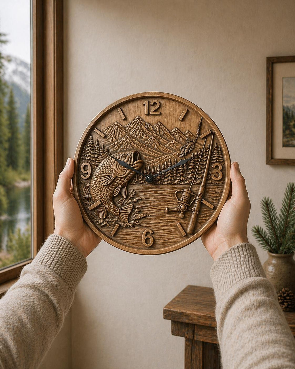 CNC-Datei Fischeruhr – Flachrelief Barsch und See für Holzskulptur, rustikale Wanddekoration Angeln STL