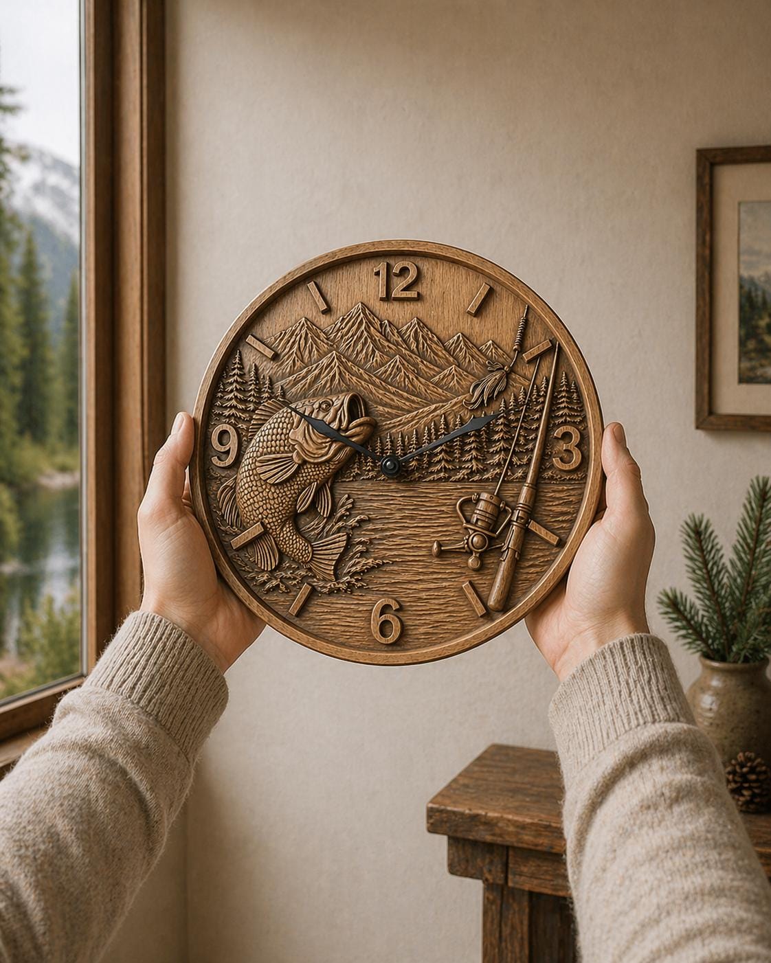 CNC-Datei Fischeruhr – Flachrelief Barsch und See für Holzskulptur, rustikale Wanddekoration Angeln STL