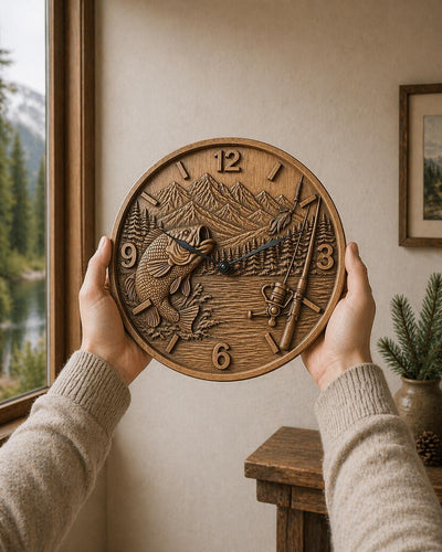 Fichier CNC horloge pêcheur – bas-relief bass et lac pour sculpture bois, décoration murale pêche rustique STL