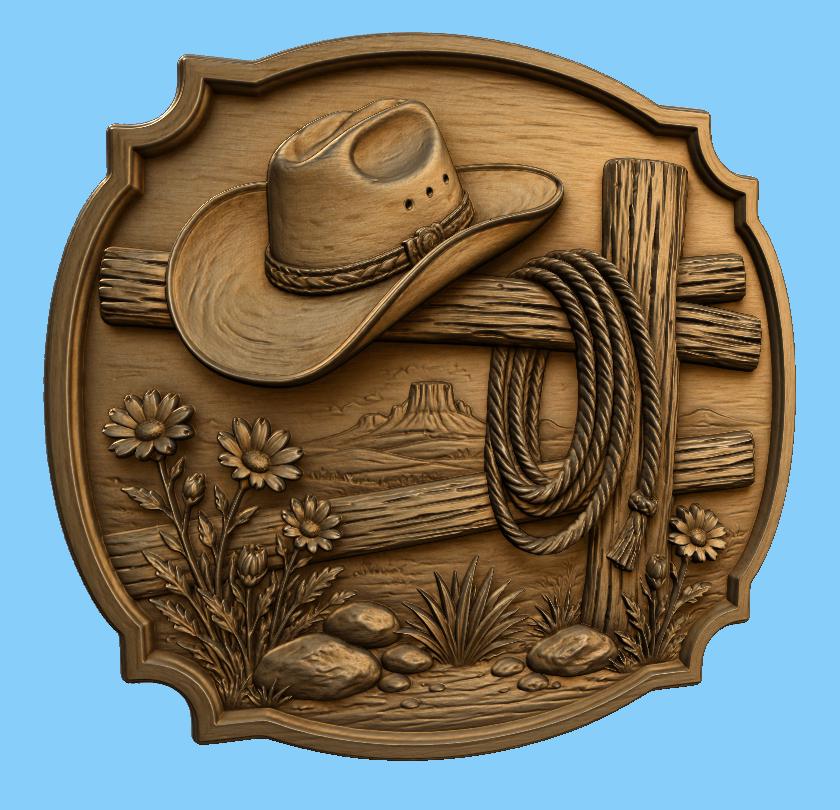 CNC & impression 3D décor western avec chapeau cowboy et corde, fichier STL très haute qualité