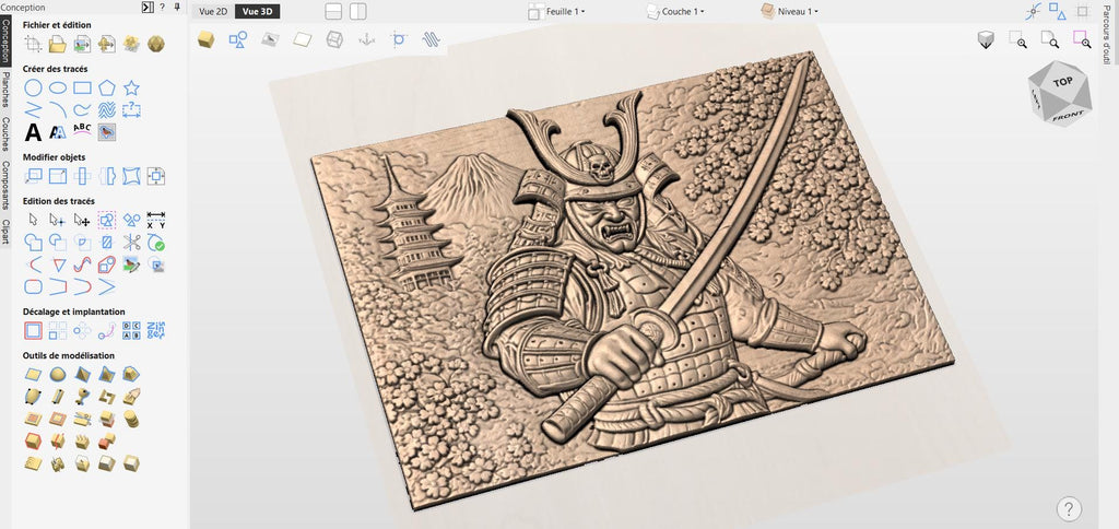 CNC-Datei Japanischer Bushido-Samurai, Holz-Flachrelief Krieger, asiatische Wanddekoration, Holzskulptur, 3D-STL-Gravurmodell