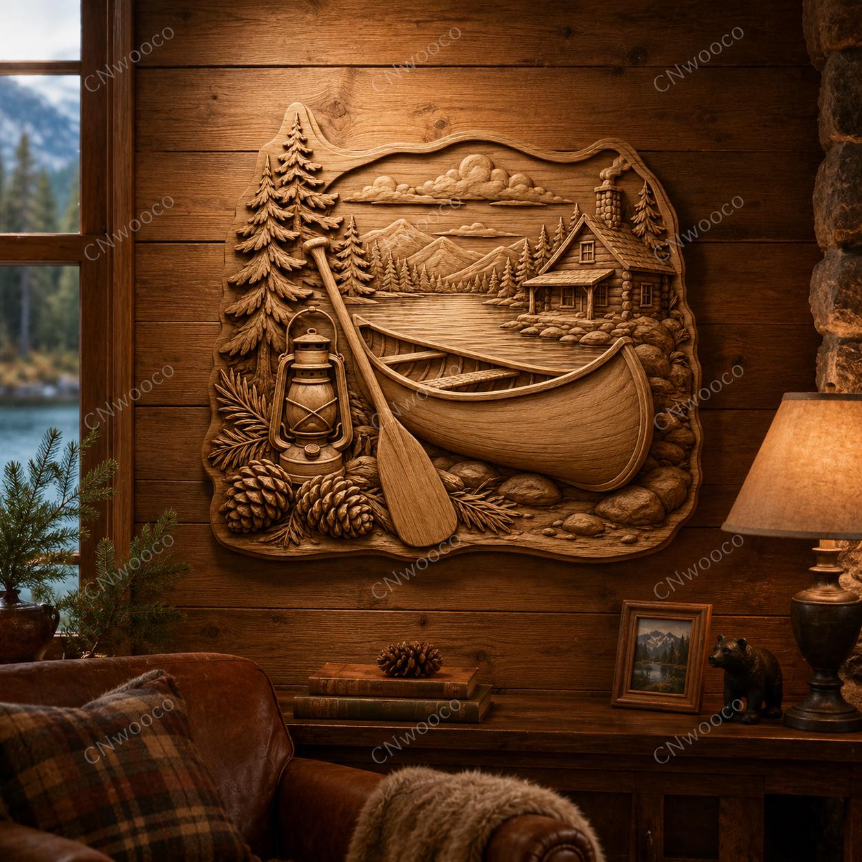 CNC & impression 3D canoë avec lanterne et paysage de lac, fichier STL très haute qualité