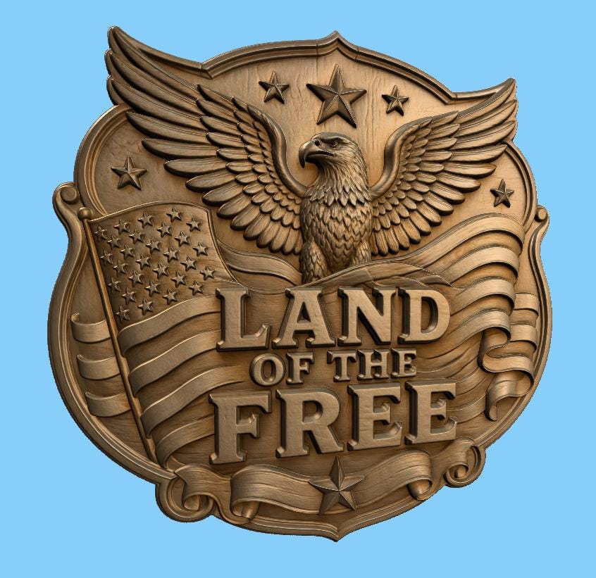 CNC & 3D-Reliefdruck Patriotisch amerikanisch Land of the Free mit Adler und Flagge, Datei für Holzgravur, hochwertiges STL