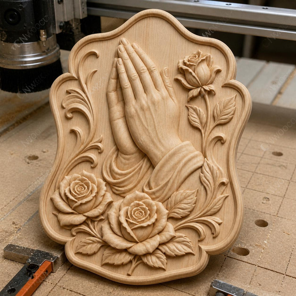 CNC & impression 3D relief mains en prière avec roses, décor religieux, fichier STL très haute qualité