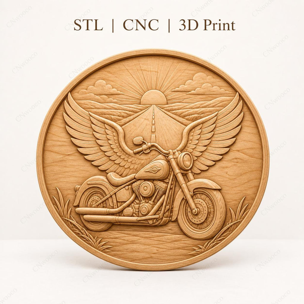 CNC & impression 3D moto avec ailes, STL haute qualité pour sculpture bois et décoration garage