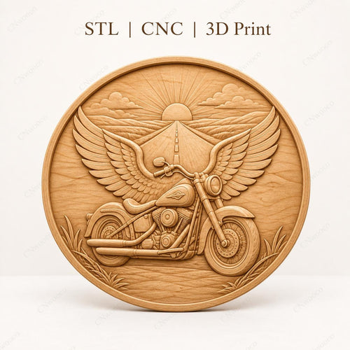 CNC & impression 3D moto avec ailes, STL haute qualité pour sculpture bois et décoration garage