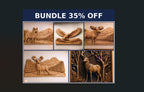 CNC-Datei, Wildtiere-Packung mit 5 Tieren, Wolf, Adler, Hirsch, Elch, rustikales Holz-Flachrelief, Wanddekoration, 3D-STL-Gravurmodell
