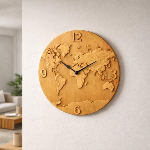 Fichier CNC horloge carte du monde, bas-relief bois moderne, décoration murale map design, sculpture horloge, modèle gravure 3D STL