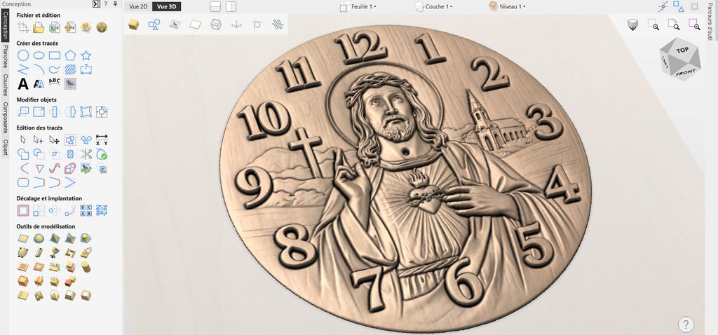 Fichier CNC horloge Jésus Sacré-Cœur – bas-relief chrétien pour sculpture bois, décoration murale religieuse STL