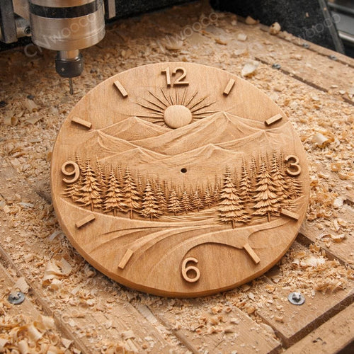 Fichier CNC horloge montagne nature – bas-relief paysage pins pour sculpture bois, décoration murale STL