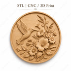 CNC & impression 3D relief colibri avec fleurs, décor floral nature, fichier STL très haute qualité