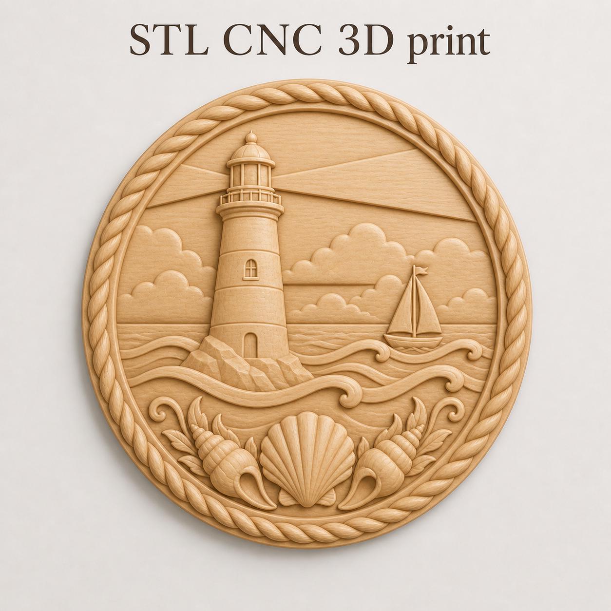 CNC & impression 3D phare marin avec voilier, STL de haute qualité pour sculpture bois bord de mer